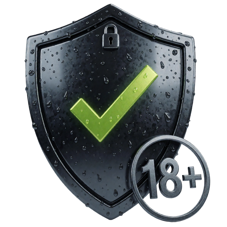 Sicherheitsschild mit gr&uuml;nem Haken, Vorh&auml;ngeschloss und 18+ Ring als Symbol f&uuml;r SSL, KYC und Jugendschutz bei Zoccer