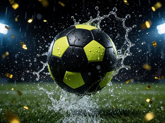 Nasser schwarz-limefarbener Fu&szlig;ball mit Wasserspritzern und goldenem Konfetti im Flutlicht - Abschluss der Zoccer Casino Bonusseite