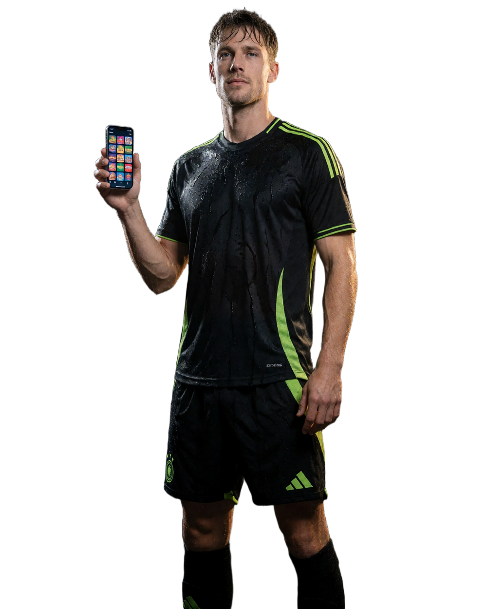 Fu&szlig;ballspieler im schwarz-limefarbenen Trikot h&auml;lt ein Smartphone mit Spielekatalog - Casino Spiele bei Zoccer mobil ausw&auml;hlen