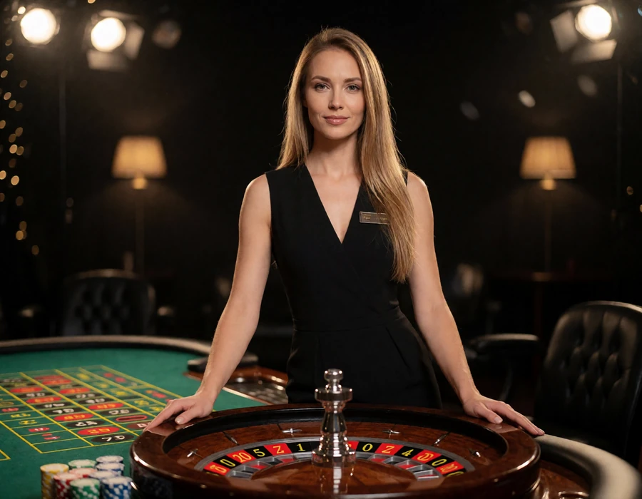 Croupierin am Live-Roulettetisch mit Chips und gr&uuml;nem Filz - Live Casino online mit echten Dealern bei Zoccer