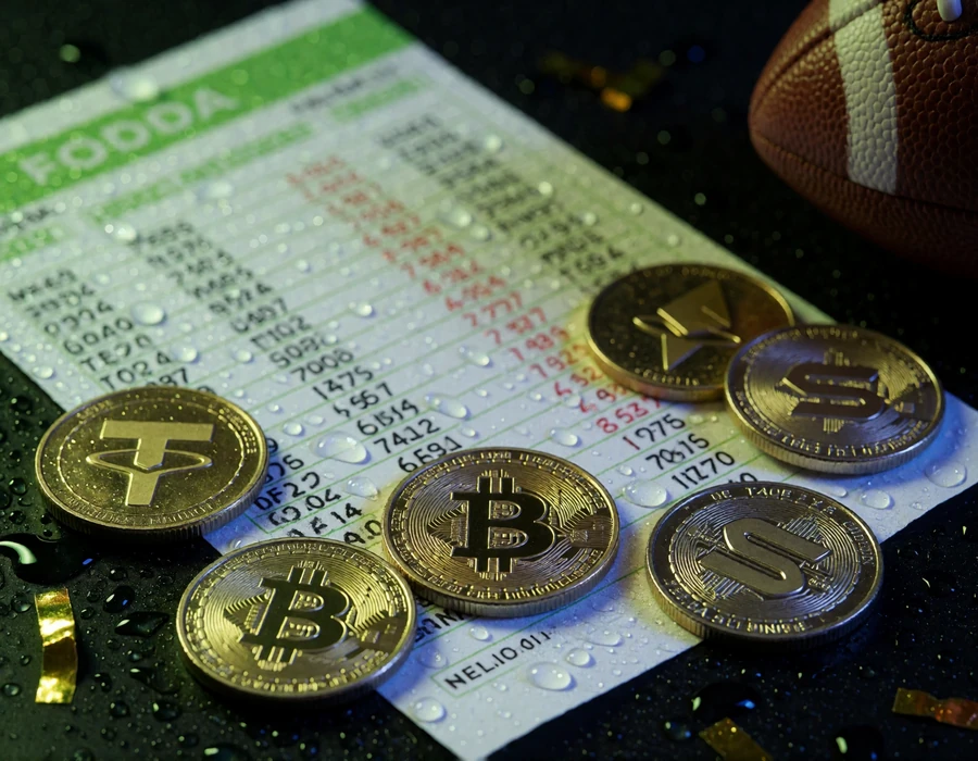 Fu&szlig;ball-Wettschein mit Bitcoin-, Ethereum-, USDT-, Litecoin- und Solana-M&uuml;nzen auf nassem Untergrund - Krypto-Bonus und Sportwetten bei Zoccer