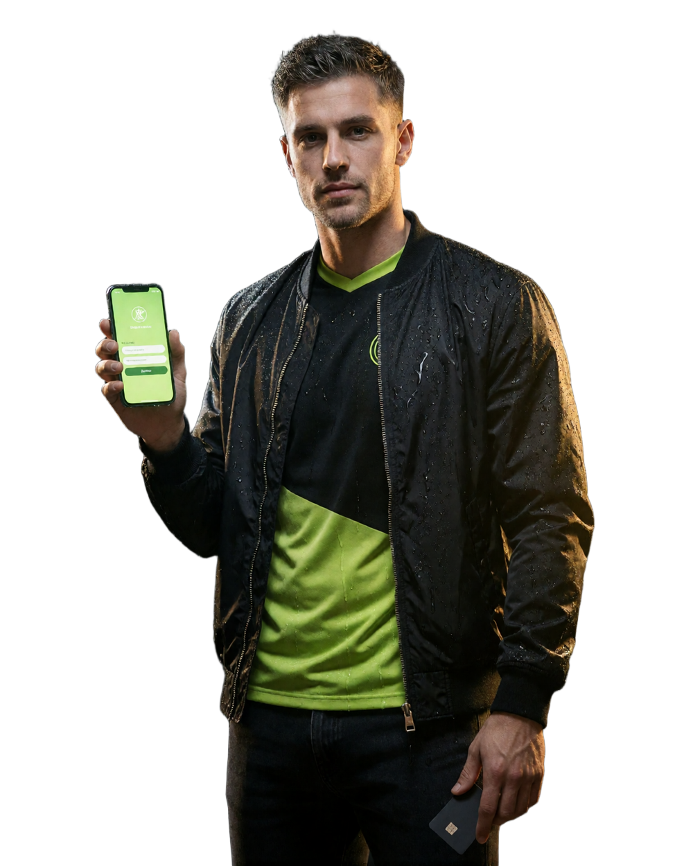 Fu&szlig;ballfan im schwarz-limefarbenen Trikot mit Smartphone und Zahlungskarte - mobile Einzahlung im Zoccer Casino