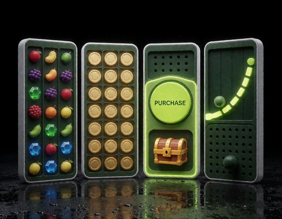 Vier beleuchtete Spielpaneele zeigen Megaways-Walzen, Hold-and-Win-M&uuml;nzen, Bonus-Buy-Button und Crash-Kurve mit Plinko-Feld