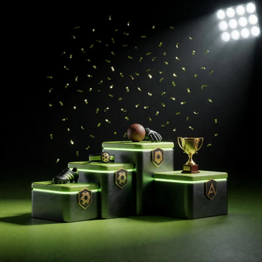 F&uuml;nf aufsteigende Podeststufen mit Fu&szlig;ball-Emblemen und goldener Troph&auml;e - Symbol f&uuml;r die VIP-Stufen und h&ouml;heren Auszahlungslimits bei Zoccer