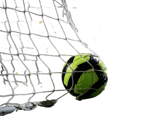 Fu&szlig;ball trifft im Flutlicht das Tornetz, Wasserspritzer und goldenes Konfetti - Abschlussmotiv der Zoccer Spieleauswahl